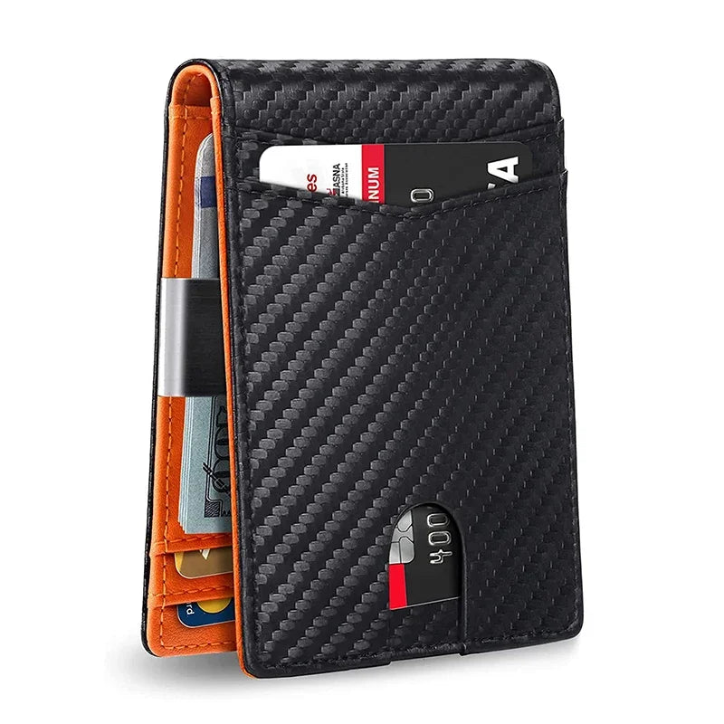 Personality Short Rfid Leather Men Wallets Carbon Fiber Slim Card Holder Wallet Black Minimalist Wallet for Men Father Day Gifts - Color: Carbon Orange