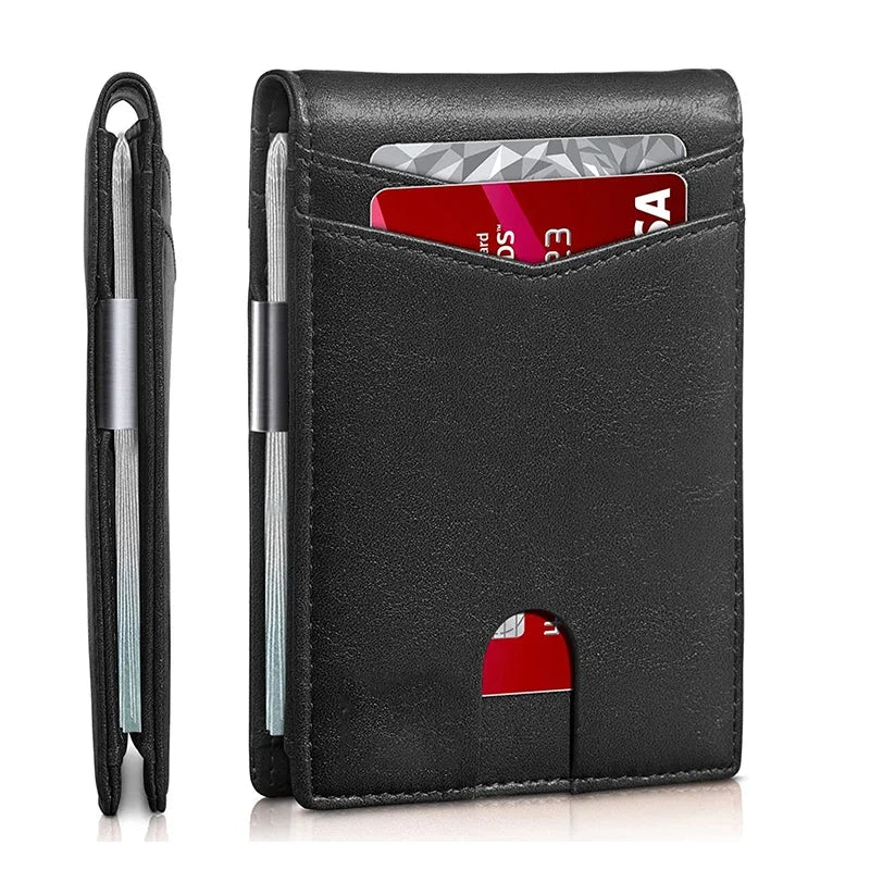 Personality Short Rfid Leather Men Wallets Carbon Fiber Slim Card Holder Wallet Black Minimalist Wallet for Men Father Day Gifts - Color: Black