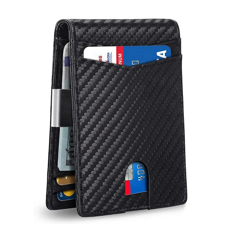 Personality Short Rfid Leather Men Wallets Carbon Fiber Slim Card Holder Wallet Black Minimalist Wallet for Men Father Day Gifts - Color: Carbon Black